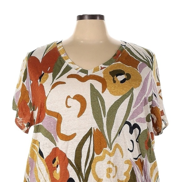 Rachel Zoe 100% Linen Floral Print Boho Short Sleeve Tee Size 3X NWT V-neck - Picture 3 of 8